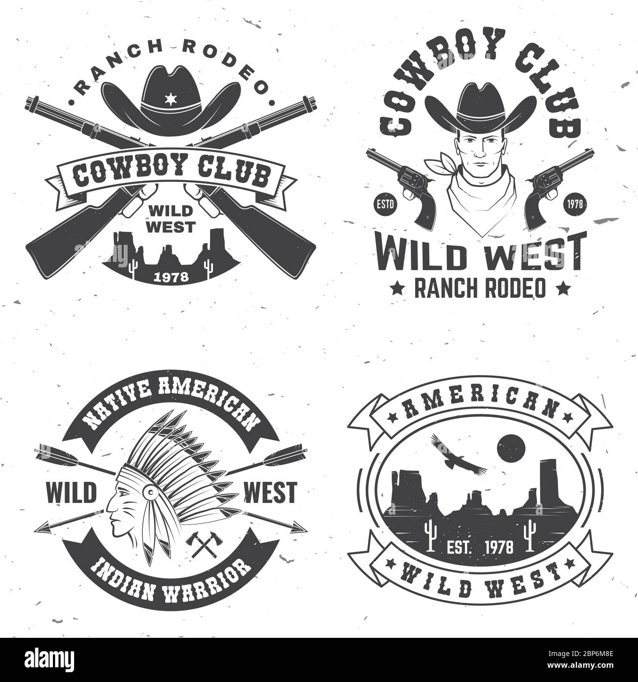 Ensemble de badges de club de cow-boy. Rodéo Ranch. Illustration vectorielle. Concept pour chemise, logo, imprimé, timbre, tee-shirt avec cowboy et fusil de chasse. Motif typographique vintage avec silhouette de carabine sauvage de l'ouest et de l'ouest. Illustration de Vecteur
