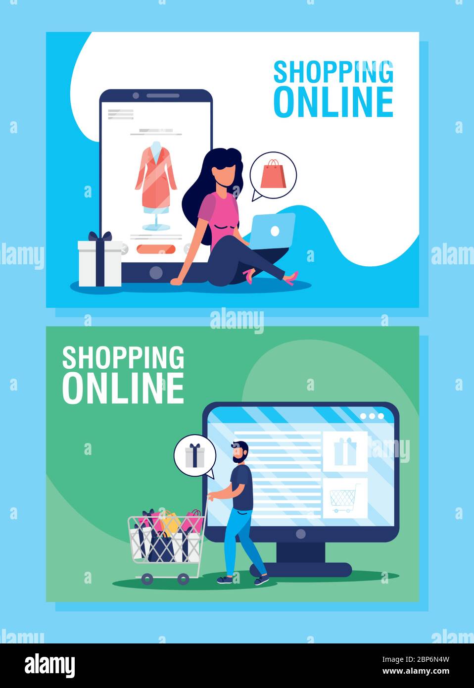 couple utilisant des techniques de magasinage en ligne dans la table de travail et le smartphone Illustration de Vecteur