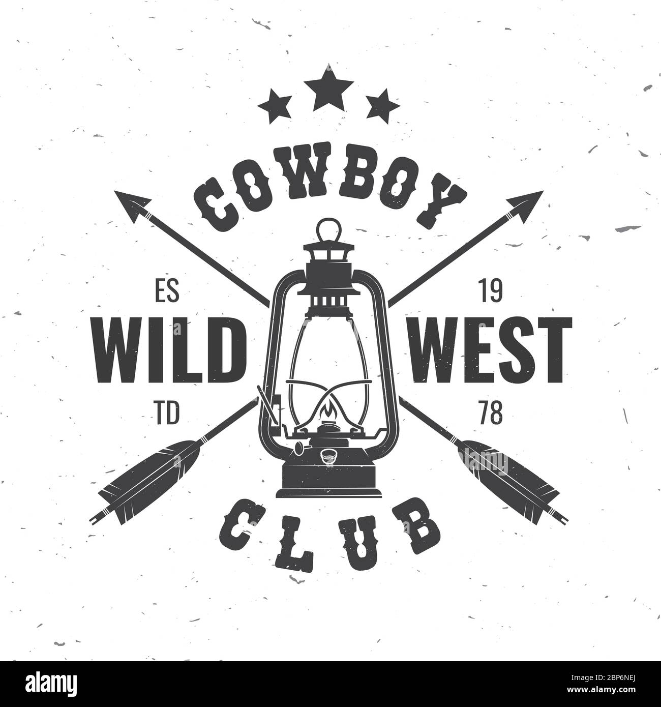Écusson Wild West avec flèche indienne et lanterne. Illustration vectorielle. Concept pour chemise, logo, imprimé, timbre, tee-shirt. Motif typographique vintage avec flèche et silhouette de lanterne. Illustration de Vecteur