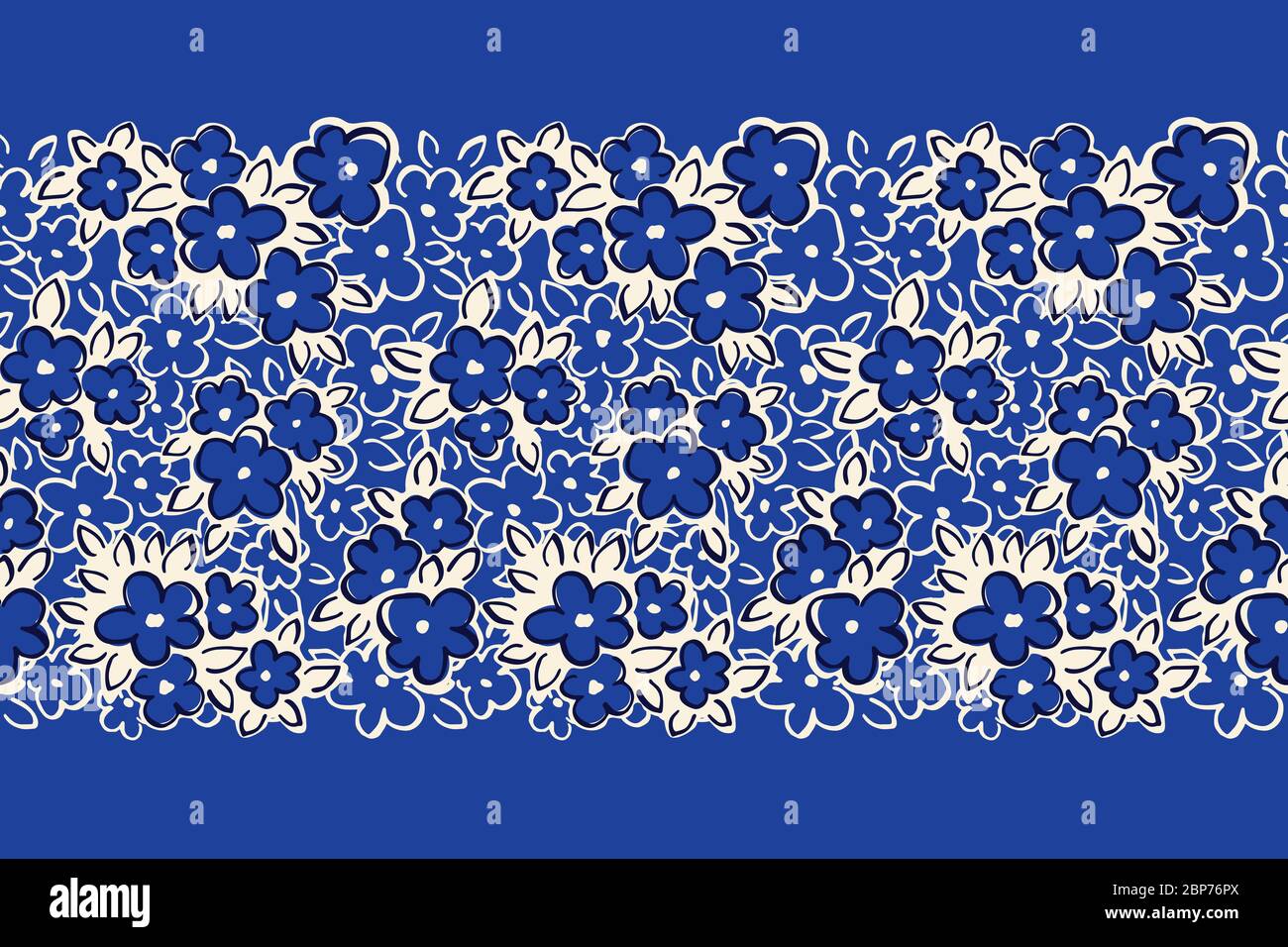 Dessin à la main, dessin artistique naïf fleurs de Marguerite contours sur fond bleu vecteur sans couture motif bordure Illustration de Vecteur