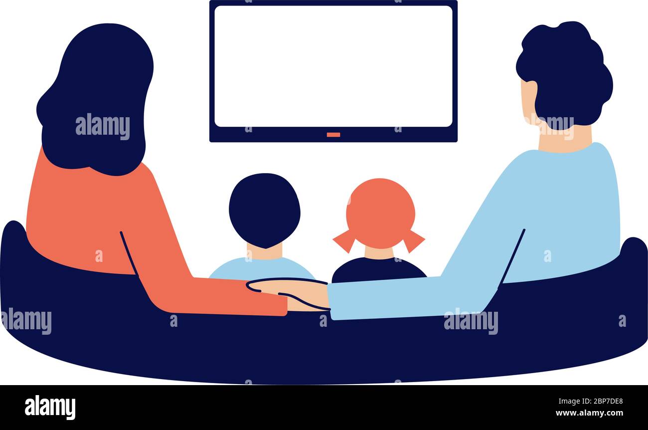 Famille heureuse avec de petits enfants assis sur un canapé et regardant la télévision à la maison. Femme et mari tenant les mains. Passez du temps ensemble. Vecteur isolé à plat Illustration de Vecteur