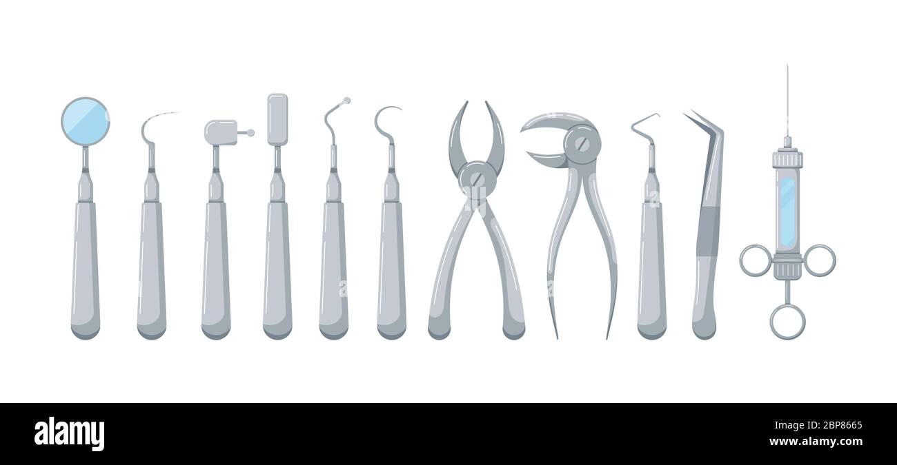 Ensemble d'icônes d'outils dentaires isolé sur fond blanc. Collection instruments de Stomatology - Outils dentiste plat dessin animé dessin vectoriel illustration. Illustration de Vecteur