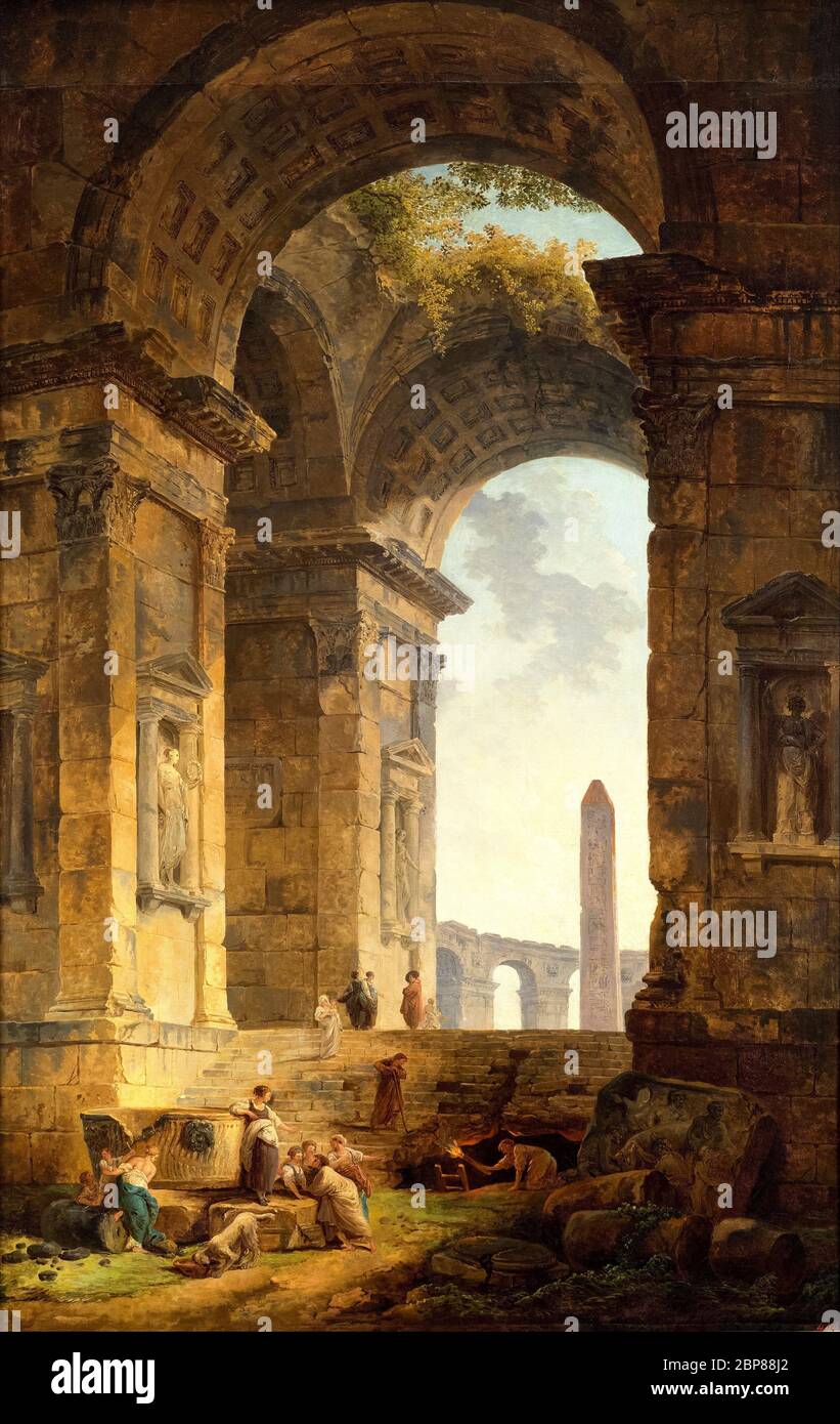 Hubert Robert, ruines avec un obélisque au loin, peinture de paysage, 1775 Banque D'Images