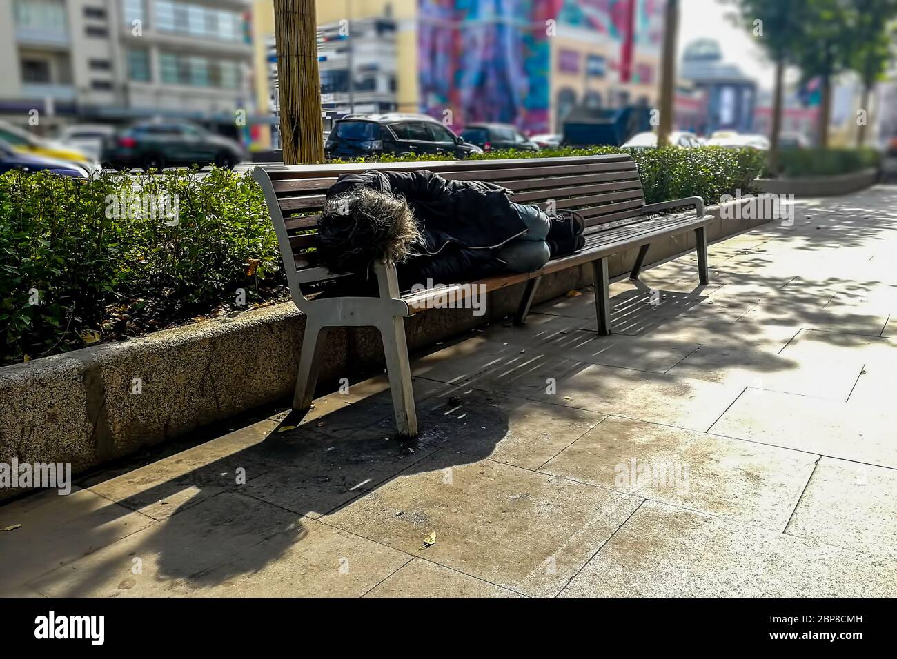 sans-abri mendiant sale homme dormant sur un banc sous un arbre sur la rue, dans le fond de la ville, de la circulation, du centre commercial et des maisons colorées dedans Banque D'Images