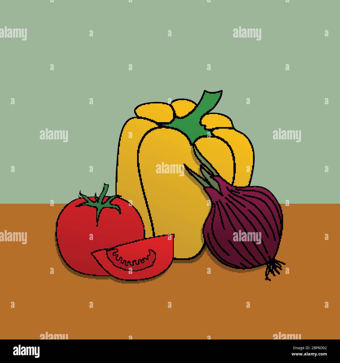 Illustration de la collection de légumes dessinés à la main avec des tomates rouges au poivre jaune un oignon sur fond vert et brun Illustration de Vecteur