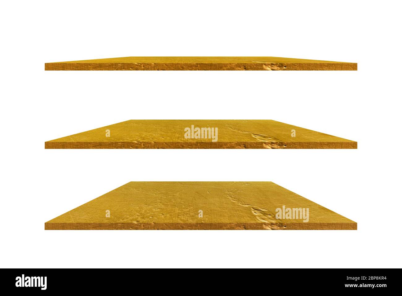 Plateau ou étagères en béton doré isolé sur fond blanc. Avec chemin de découpe. Banque D'Images