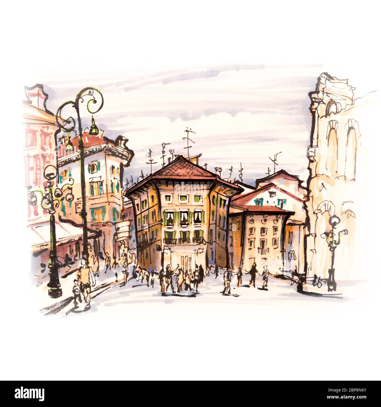 Maisons typiquement italien près de Arena di Verona sur la place Piazza Bra, Verona, Italie. Marqueurs photo fabriqué en Banque D'Images