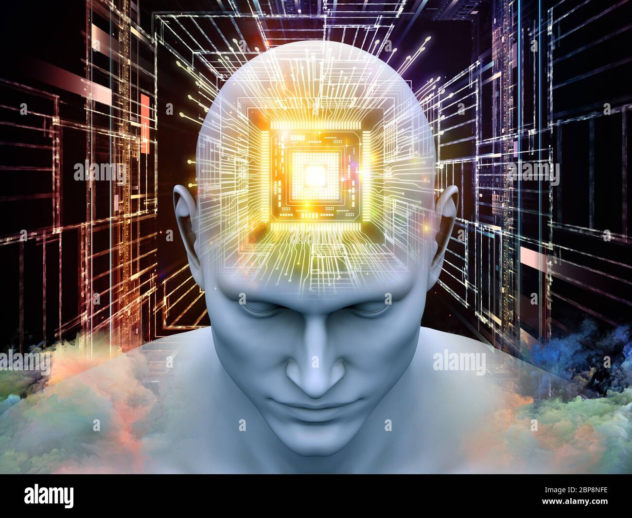 Processeurs Mind. Illustration 3D de la tête humaine avec processeur en perspective adaptée aux projets sur l'intelligence artificielle, l'esprit, les médias de masse et m Banque D'Images