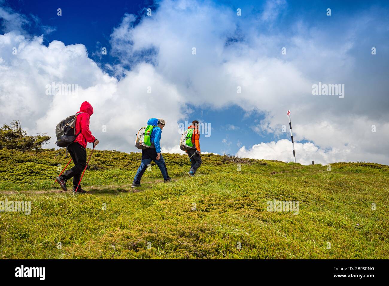 Vue arrière de la famille sur une journée de randonnée en montagne Banque D'Images