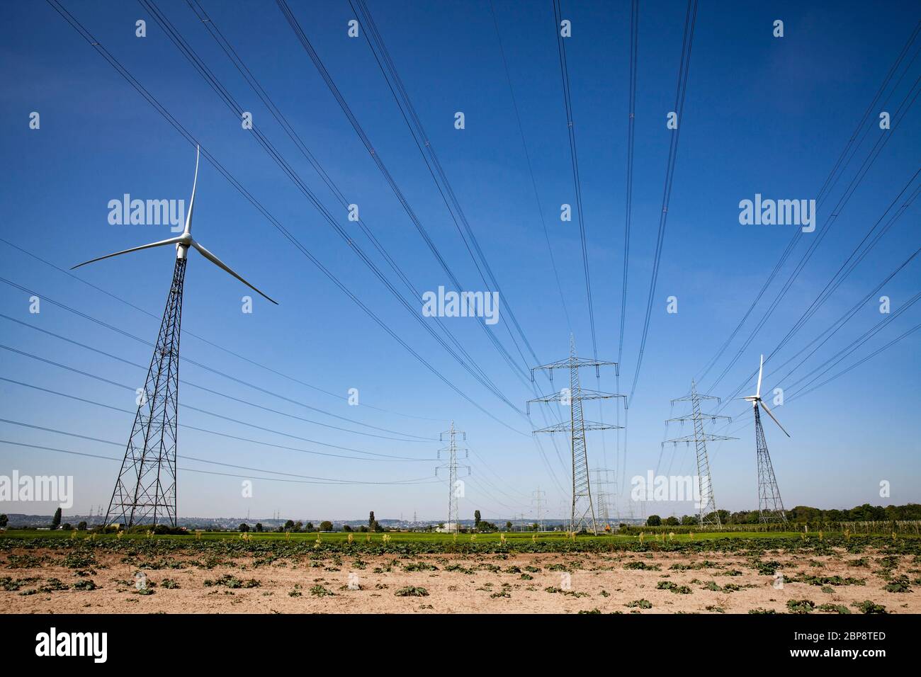 Lignes électriques haute tension et centrales éoliennes à Bornheim près de Bonn, Rhénanie-du-Nord-Westphalie, Allemagne. Handel mit und Handel mit und Verwaltungen in Banque D'Images