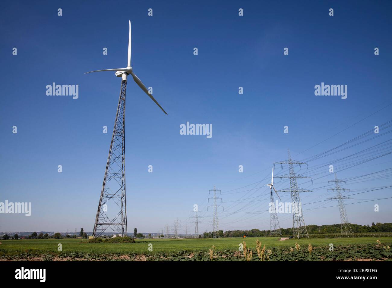 Lignes électriques haute tension et centrales éoliennes à Bornheim près de Bonn, Rhénanie-du-Nord-Westphalie, Allemagne. Handel mit und Handel mit und Verwaltungen in Banque D'Images