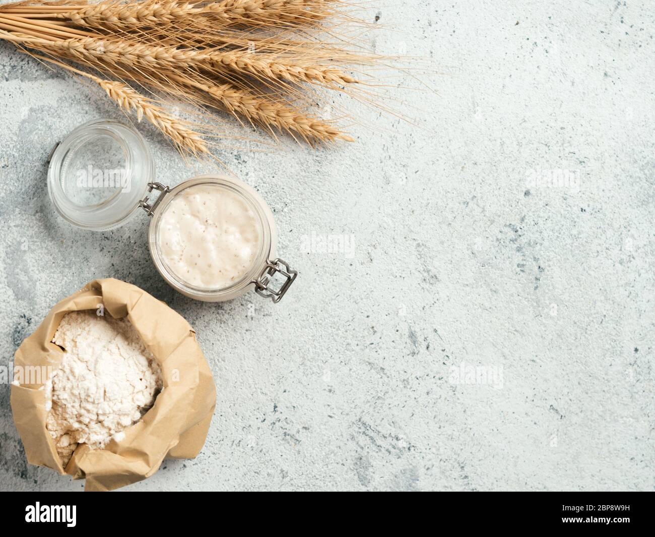 Démarreur de levain de blé. Vue de dessus des ingrédients de fabrication du pain - bol en verre avec entrée de levain, farine dans un sac en papier et oreilles sur fond de ciment gris. Copier l'espace pour le texte ou la conception. Banque D'Images