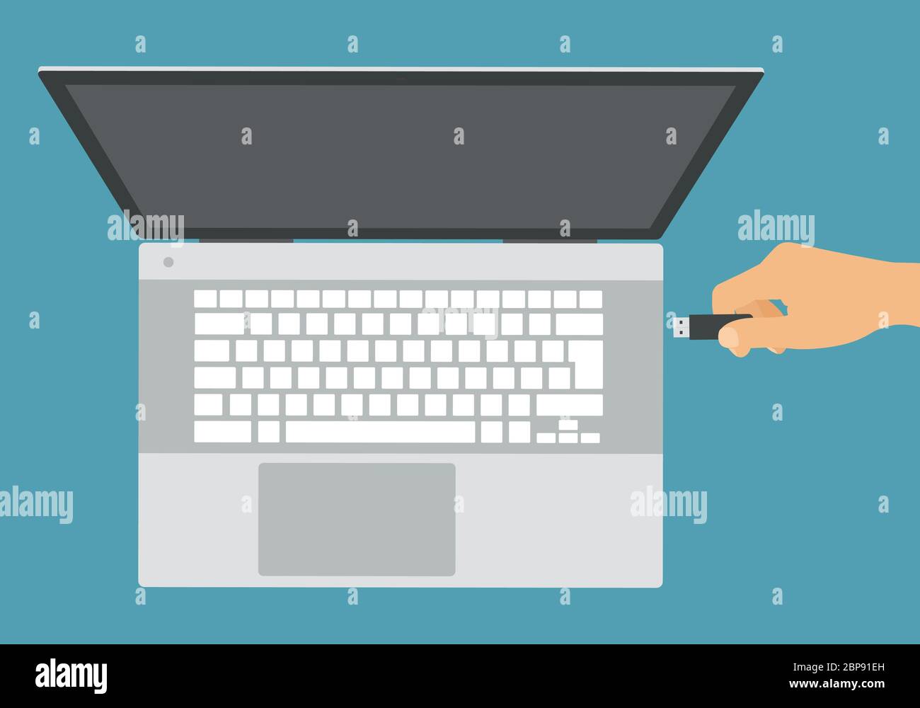 Illustration plate d'un ordinateur portable argenté avec clavier blanc et connexion manuelle d'une clé USB - Vector Illustration de Vecteur