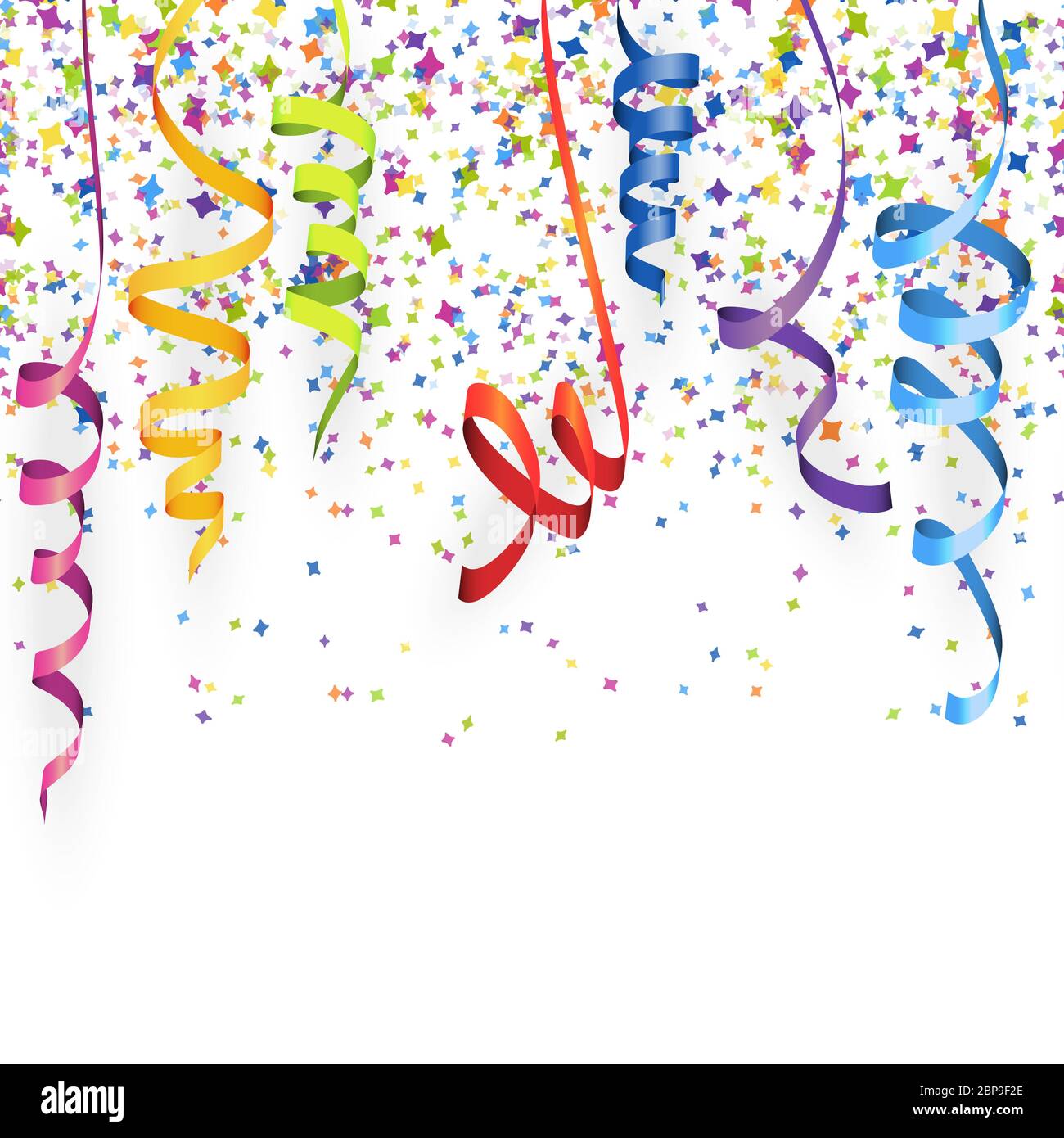 Vector illustration de confettis multicolores transparente et banderoles pour carnaval ou fête sur fond blanc Banque D'Images