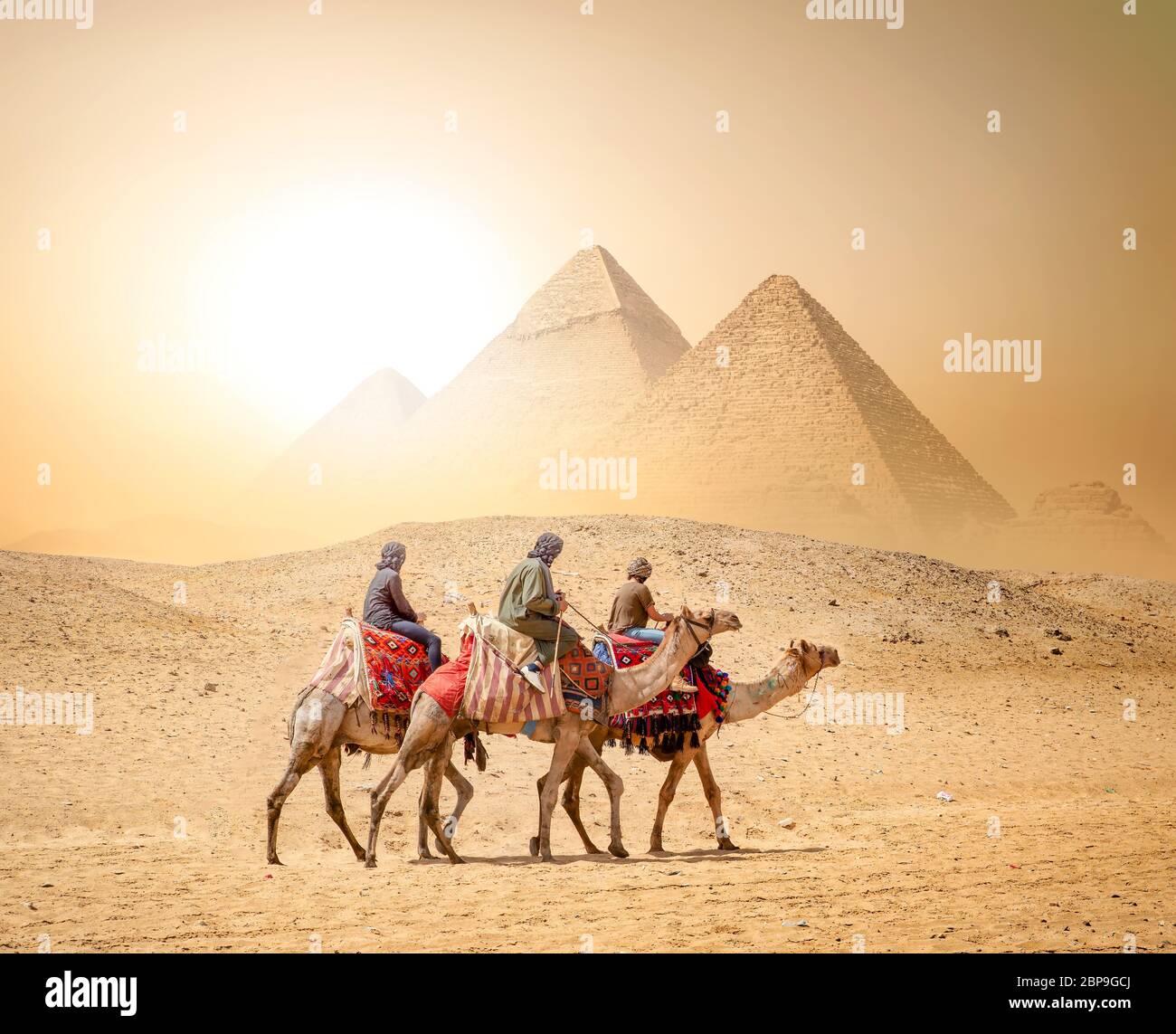 Caravane de chameaux et les pyramides de Gizeh en Egypte Banque D'Images