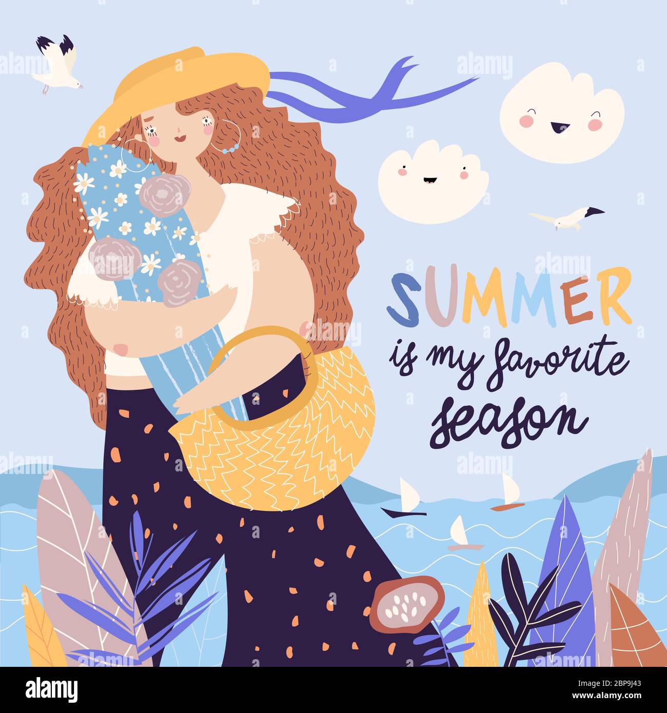 Belle fille avec bouquet de fleurs marchant près de la mer Illustration de Vecteur