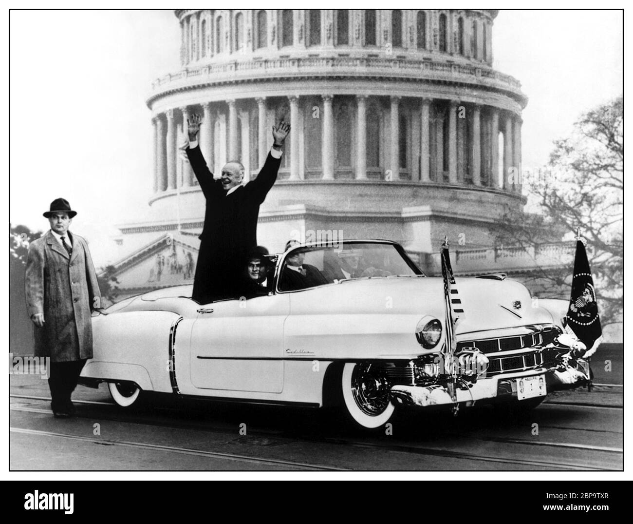1953 Cadillac Sixty-Two Eldorado Special, avec Dwight D. Eisenhower à son premier inauguration dans un Cadillac blanc Eldorado Washington DC USA Banque D'Images