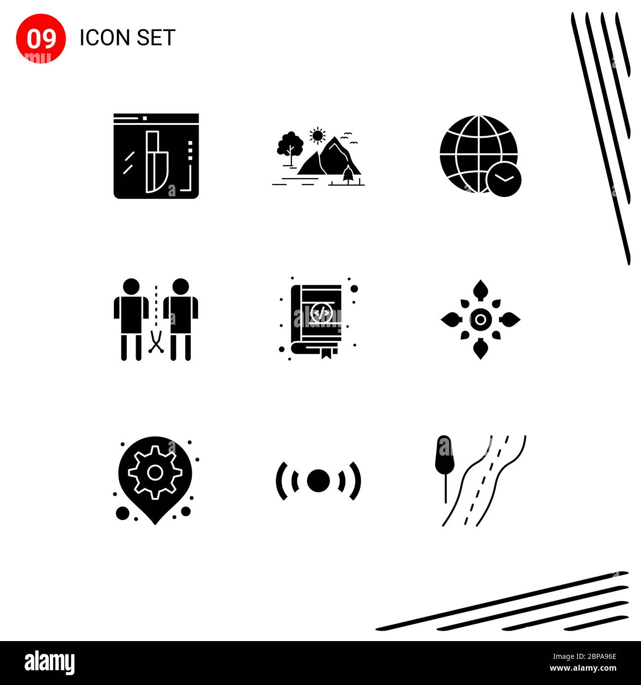 Pack de 9 symboles universels d'éléments de conception vectoriels partagés, d'esprit, de soleil, de connaissances et modifiables dans le temps Illustration de Vecteur
