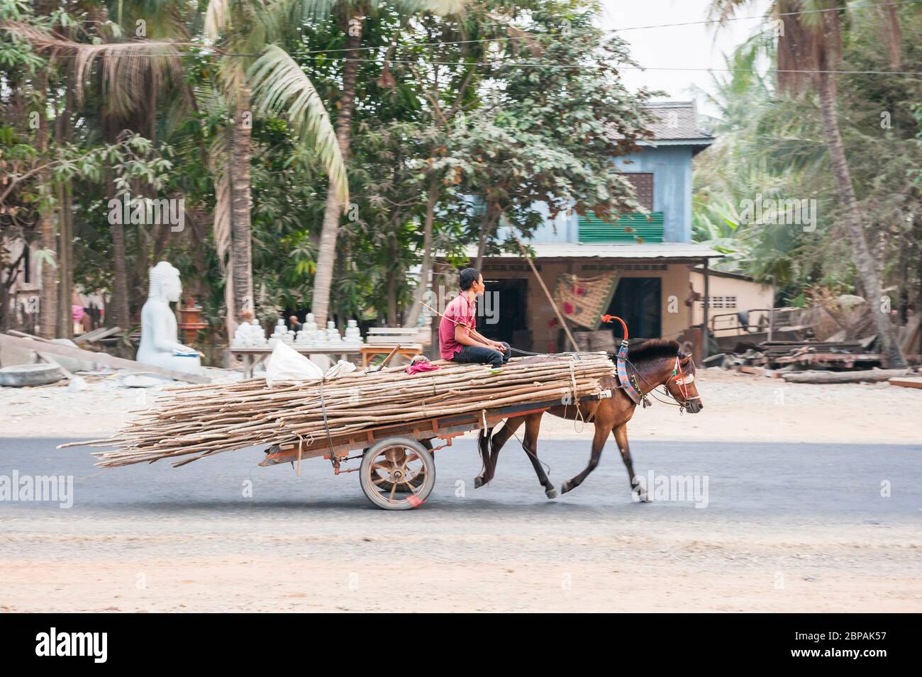 Un poney tire un chariot dans le village d'usine de Kakaoh. Province de Battambang, Cambodge Banque D'Images