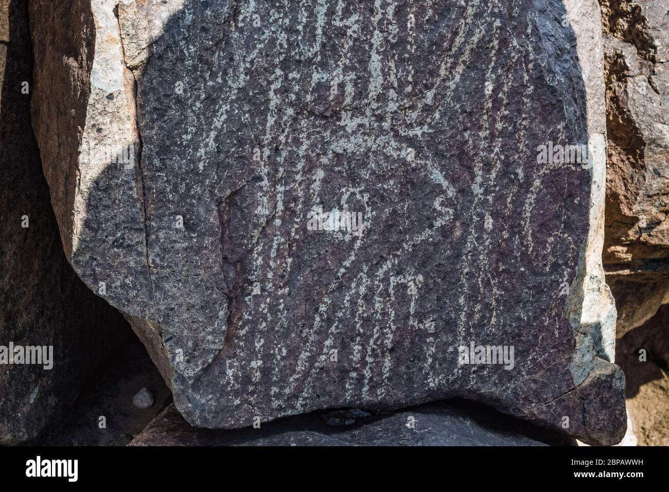 Art rupestre incorporant un design géométrique, créé depuis longtemps par les habitants de Jornada Mogollon sur le site de Three Rivers Petroglyph dans le nord du Chihuahuan Dese Banque D'Images Art rupestre incorporant un design géométrique, créé depuis longtemps par les habitants de Jornada Mogollon sur le site de Three Rivers Petroglyph dans le nord du Chihuahuan Dese Banque D'Images