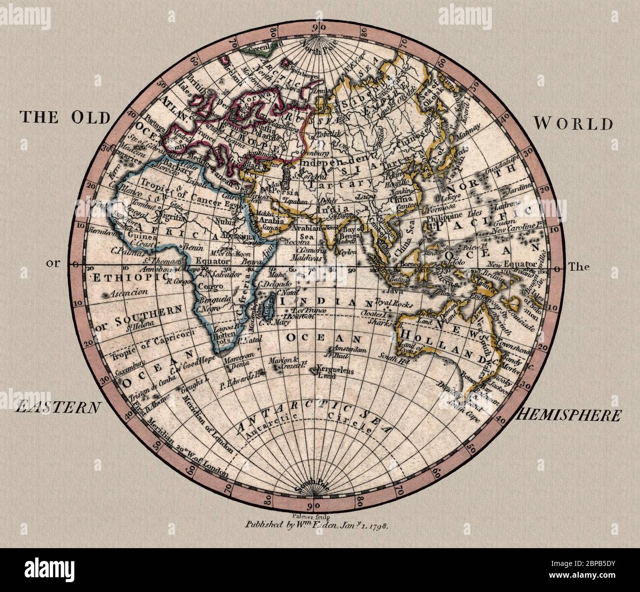 'Le Vieux monde : hémisphère oriental.' La carte montre les divisions géographiques vers 1798, il s'agit d'une reproduction de carte historique magnifiquement détaillée. Original d'un Atlas britannique publié par le célèbre cartographe William Faden. Banque D'Images