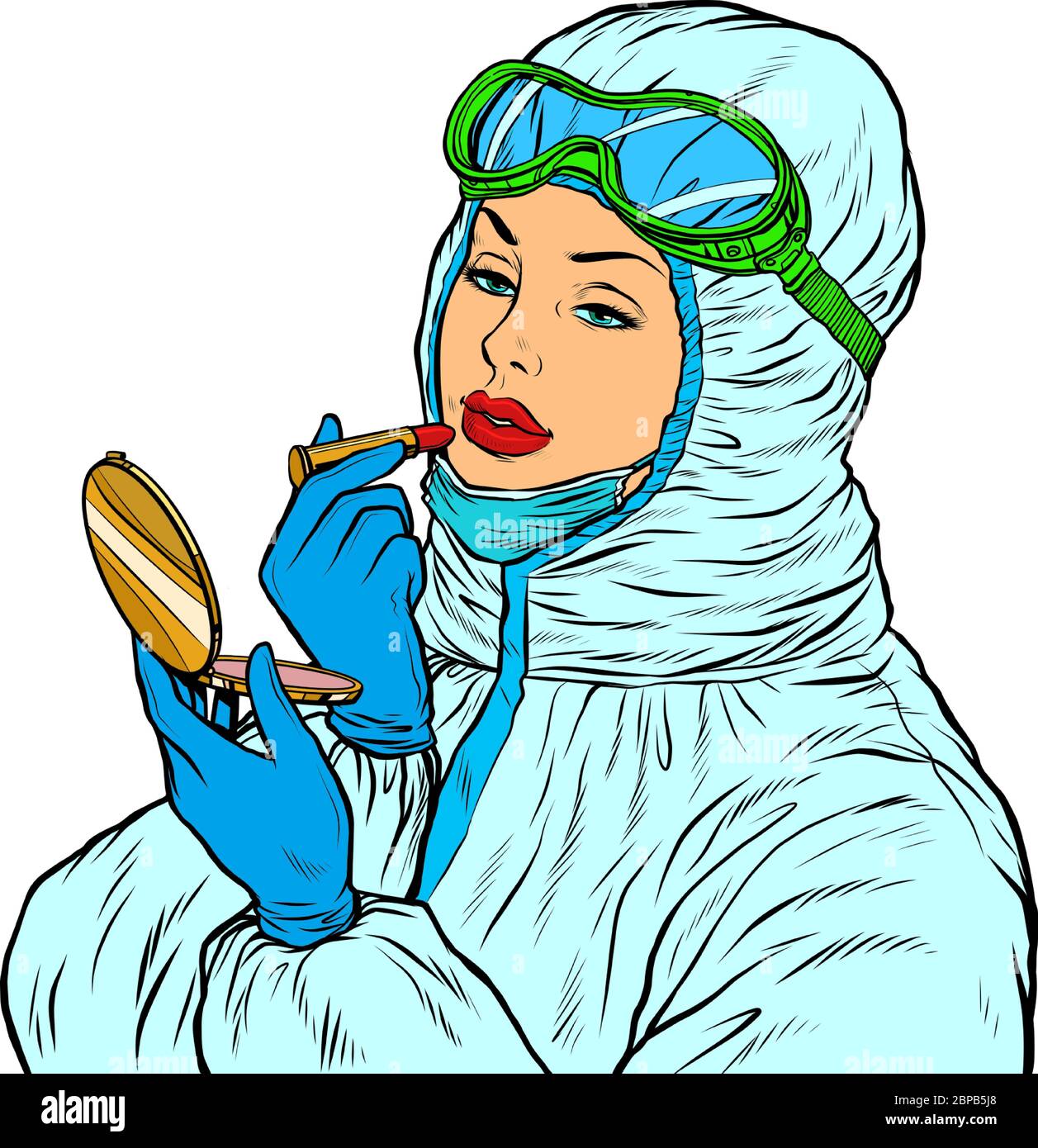 Femme médecin en costume de protection met sur le maquillage de rouge à lèvres Illustration de Vecteur