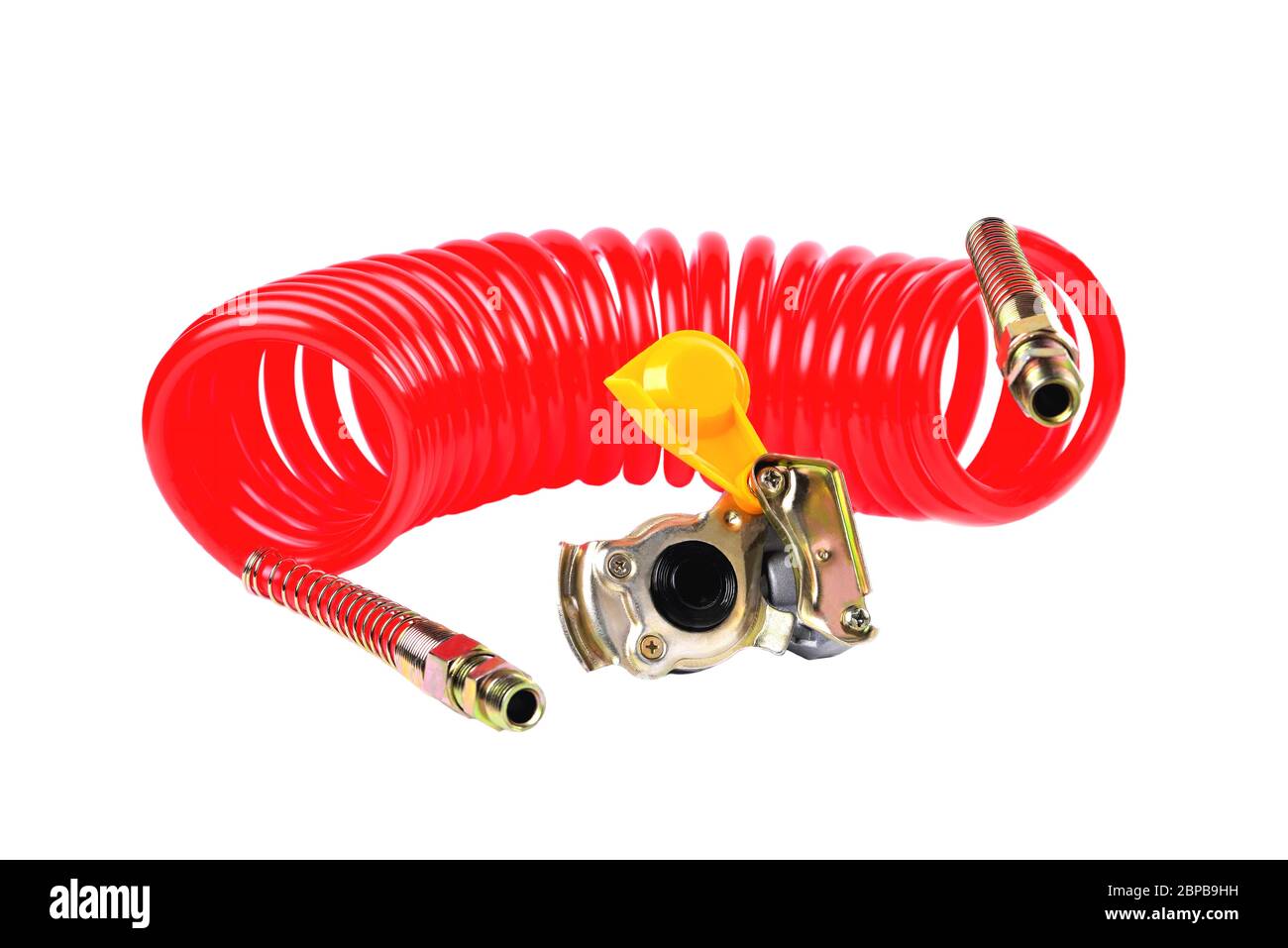 Flexible pneumatique et tête de raccordement d'un PALM Truck pour fournir de l'air comprimé du tracteur à la remorque, arrière-plan blanc Banque D'Images