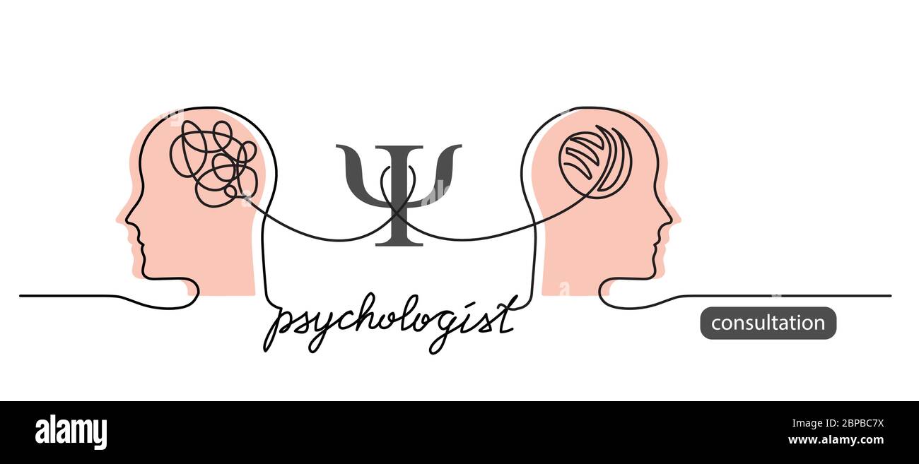 Consultation de psychologue simple vecteur web bannière avec deux têtes et signe de psychologie. Conseils de psychologue de lettrage Illustration de Vecteur