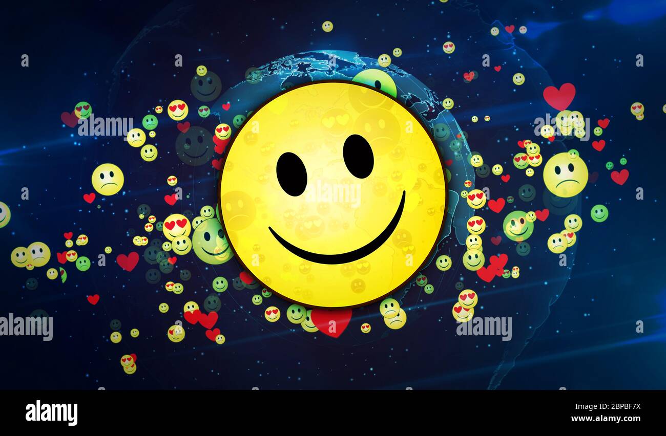 Emoji icône résumé arrière-plan. Illustration 3d des symboles émoticônes sourire, amour et triste. Résumé concept numérique de fond de chat et de médias sociaux commun Banque D'Images