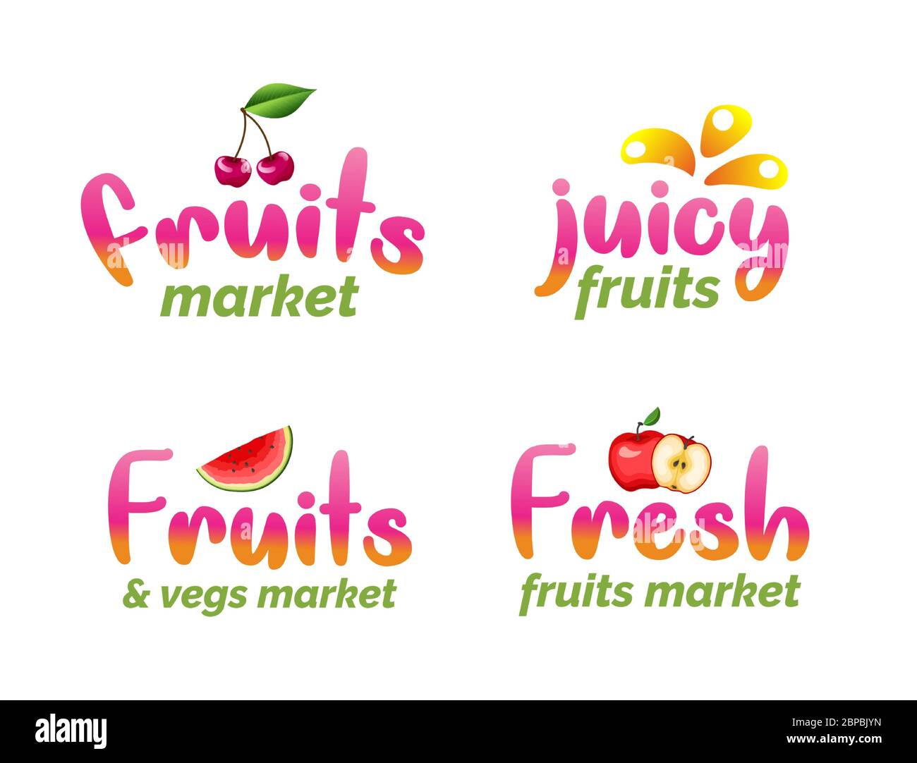 Kit de lettrage au marché aux fruits. Autocollants typographiques pour aliments biologiques. Illustrations vectorielles isolées de récolte fraîche et plates Illustration de Vecteur