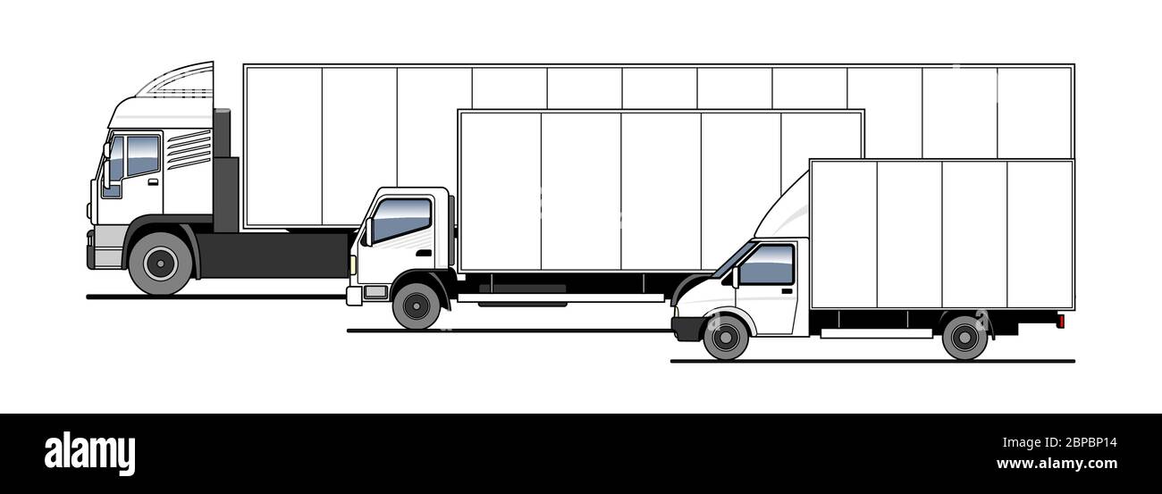 Livraison de marchandises et colis par différents camions, camion. Ensemble de vecteurs. Vue latérale des chariots dans le stationnement. Modèle de camion blanc vierge pour la publicité. Illustration de Vecteur