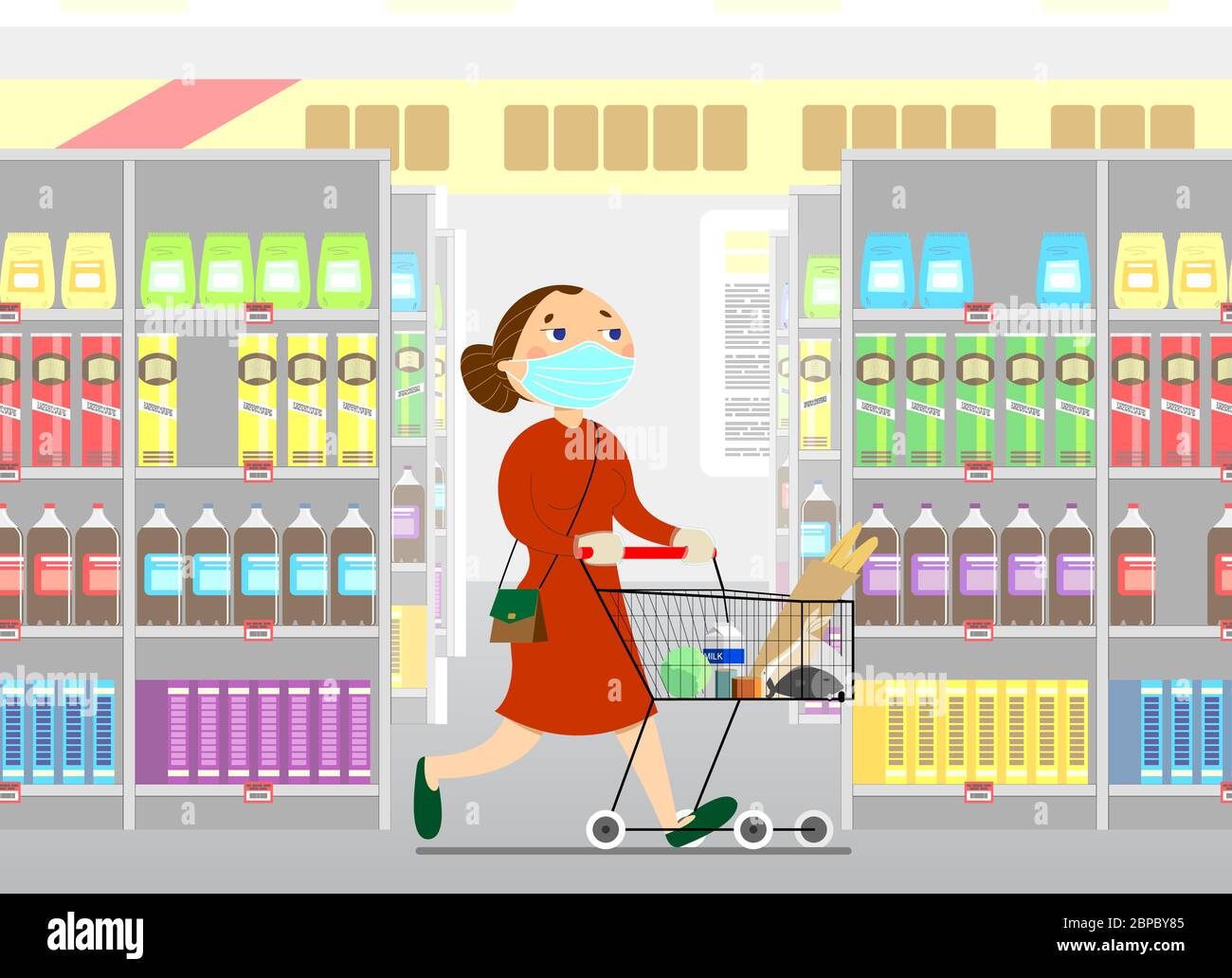 Une jeune femme fait du shopping avec une voiturette d'épicerie. Maman marche autour de l'épicerie, achète des articles d'épicerie, de la nourriture. Une fille dans une robe avec un sac à main marche passé Illustration de Vecteur