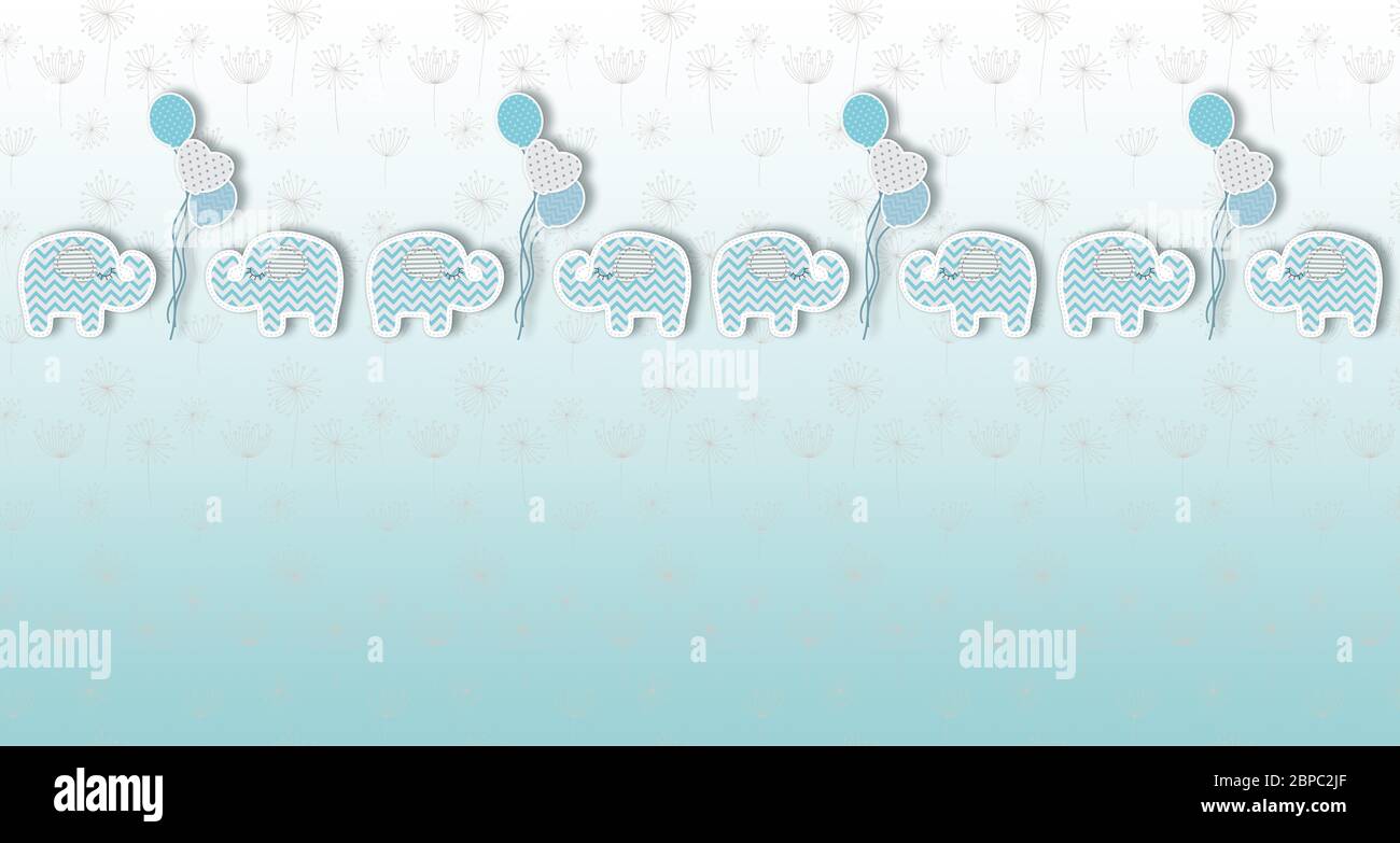 Arrière-plan mignon pour enfants, fond d'écran bleu dégradé doux et dessin animé éléphant veau. Tendance des couleurs Banque D'Images