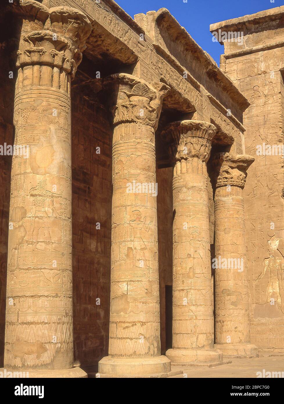 Colonnes dans la cour du Temple d'Horus, Edfu, gouvernorat d'Assouan, Égypte Banque D'Images