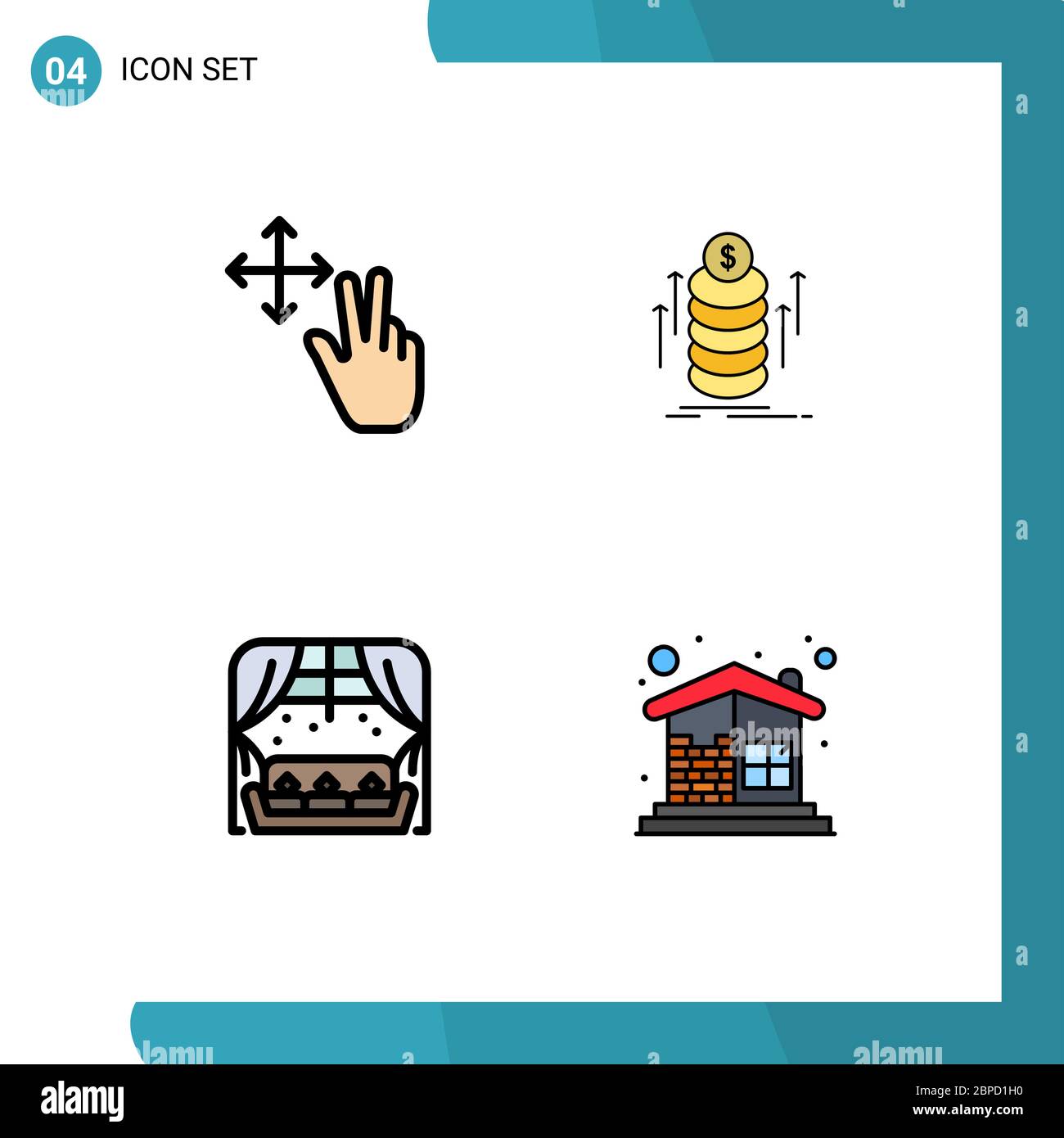 4 icônes créatives signes et symboles modernes du doigt, de la fenêtre, de l'argent, des pièces, des murs de briques éléments de conception vectoriels modifiables Illustration de Vecteur