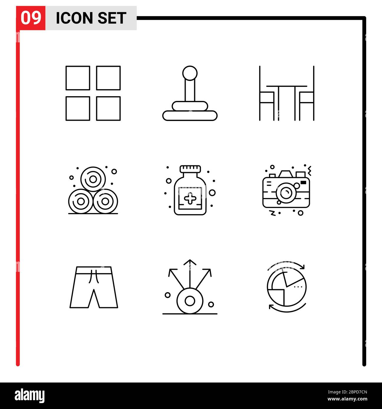 9 signes universels symboles de photographie, médical, intérieur, bouteille, paille de blé éléments de conception vectoriels modifiables Illustration de Vecteur