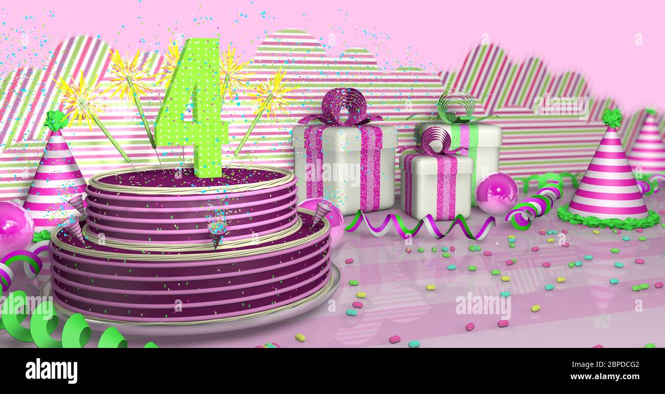 Gâteau d'anniversaire violet rond 4 décoré d'étincelles colorées et de lignes roses sur une table lumineuse avec des banderoles vertes, des chapeaux de fête et des boîtes-cadeaux avec rose Banque D'Images