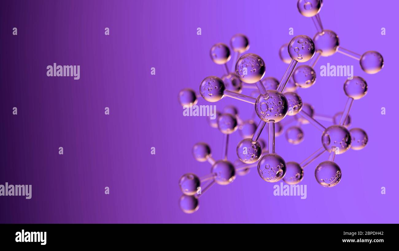 Rendu 3d de l'arrière-plan Science avec molécule ou atome, modèle de molécule abstrait en verre transparent sur fond violet flou. Copier l'espace. Banque D'Images