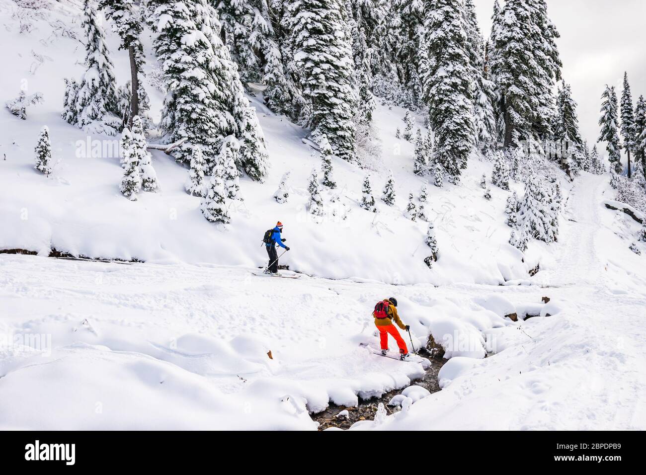 Ski par jour ensoleillé, parc national mt Rainier, Washington, USA. Banque D'Images