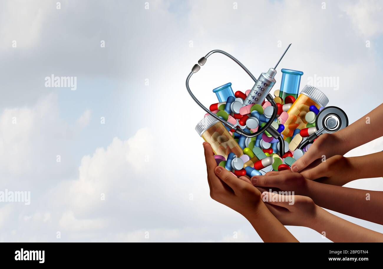Concept de médecine sociale et aide médicale de soutien comme un groupe de mains diverses tenant des pilules et de l'équipement hospitalier comme une métaphore de soutien. Banque D'Images