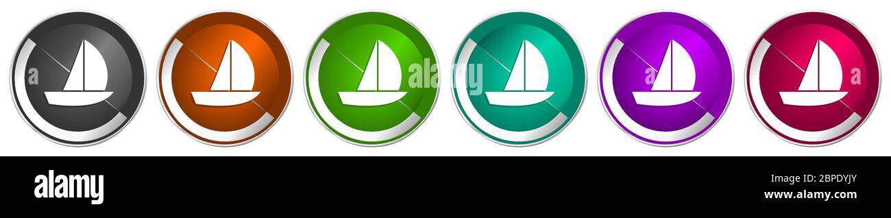 Ensemble d'icônes de yacht, boutons web vectoriels à bordure chromée argentée en 6 couleurs pour la conception de sites Web Illustration de Vecteur