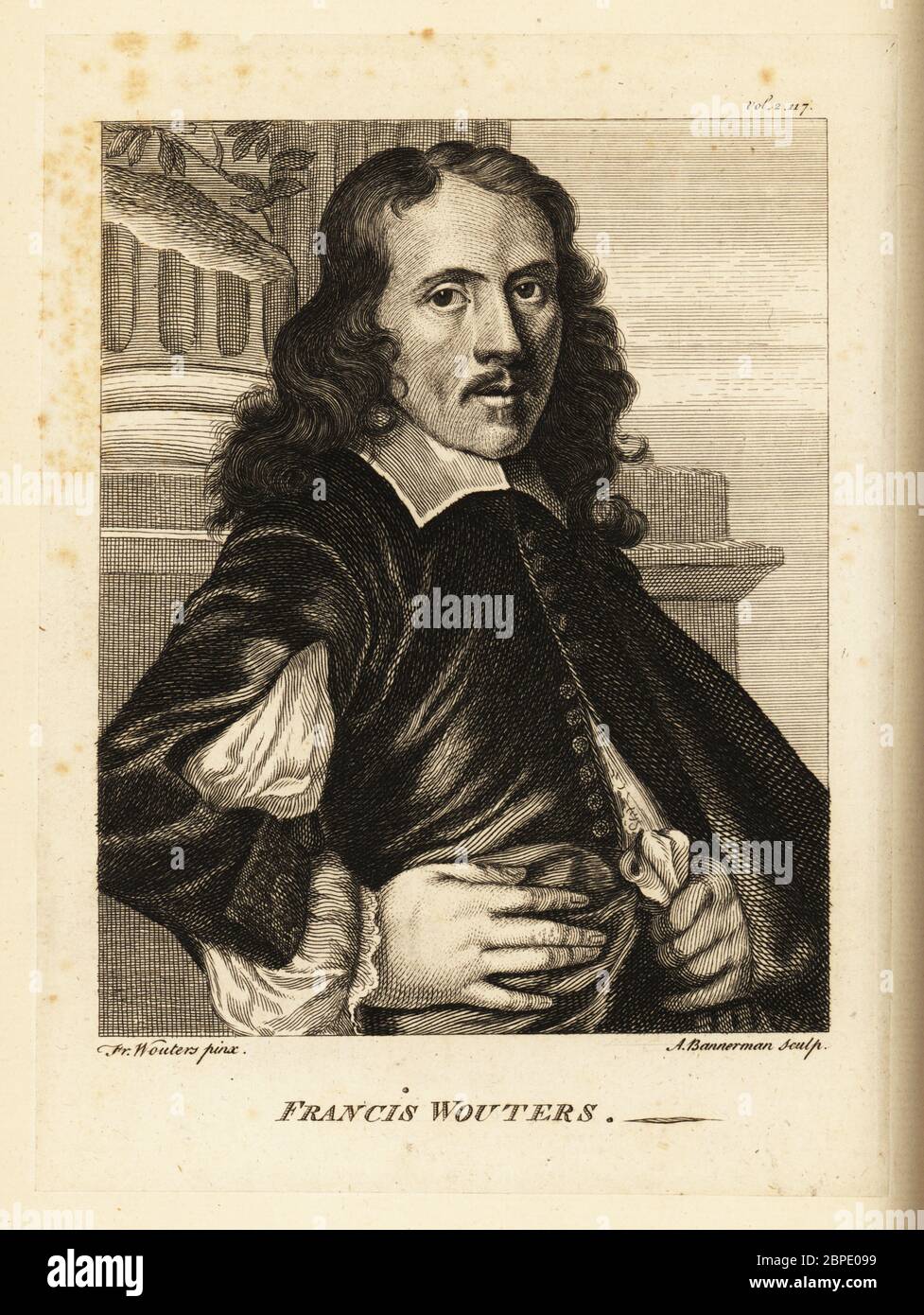 Portrait de Frans Wouters, peintre baroque flamand, peintre de cabinet et artiste de cour à l'empereur romain, 1612-1659. Gravure sur plaque de coperplate par Alexander Bannerman, graveur du XVIIIe siècle. Banque D'Images