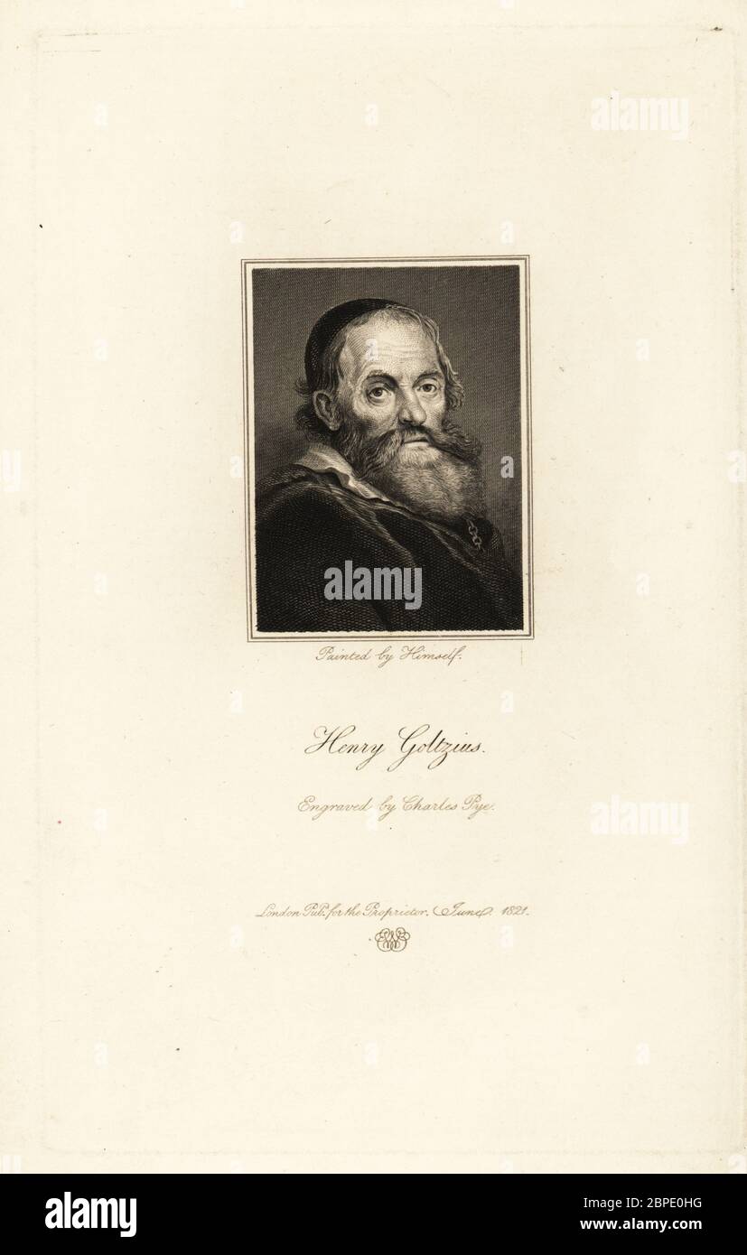 Portrait de Hendrick Goltzius, graveur, dessinateur et peintre néerlandais d'origine allemande. Gravure en acier par Charles Pye après un autoportrait par Goltzuis de Portraits physiognomiques d'Edward Walmsley, cent caractères distingués, John Major, Londres, 1821. Banque D'Images