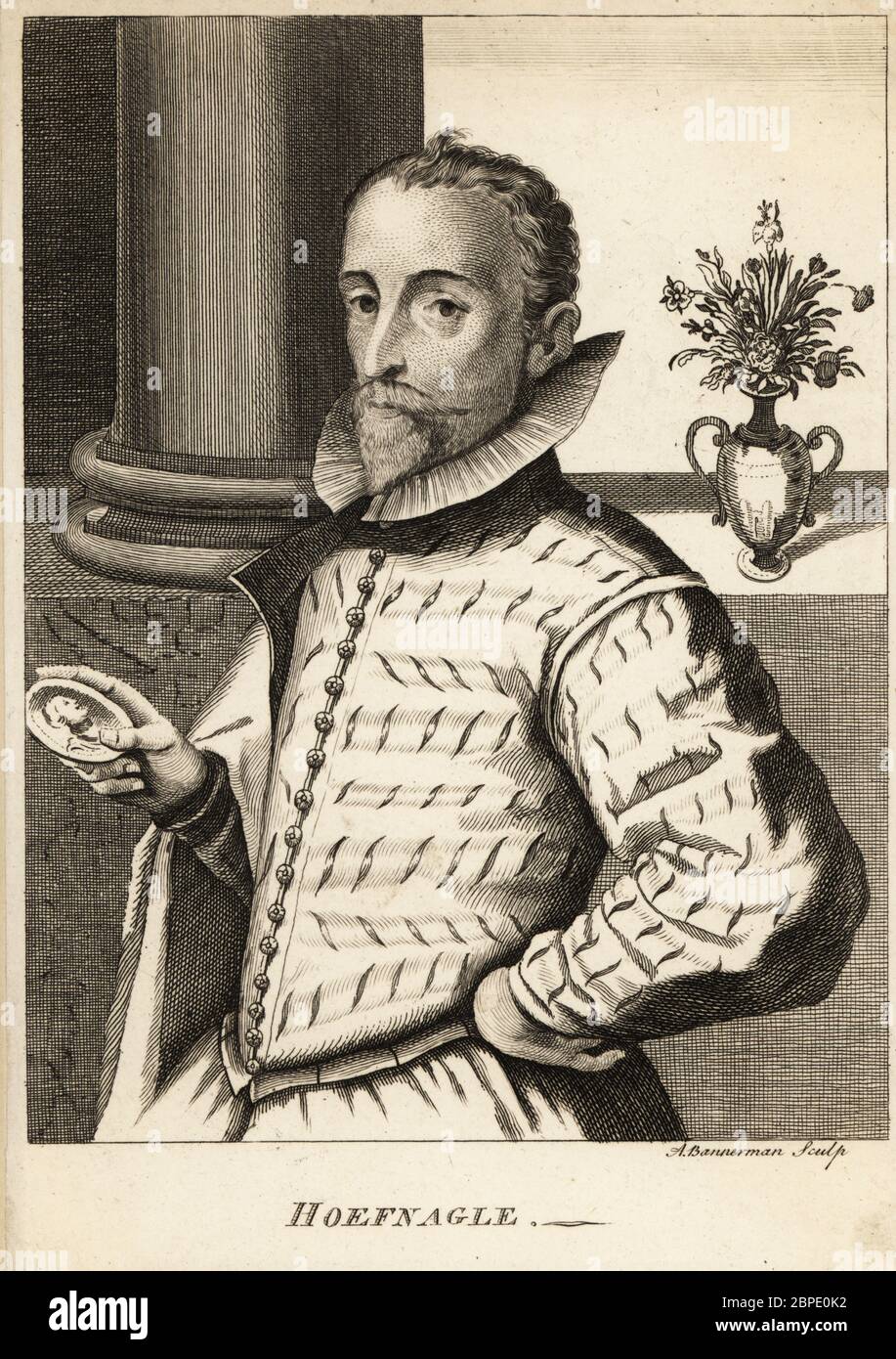 Portrait de Joris Hoefnagel, peintre flamand, graveur, miniaturiste, dessinateur et marchand, 1542-1601. Georg Hoefnagle, Georgius Hoefnaglius. Avec barbe en bouc, col haut, cape, double et tenue d'une peinture miniature. Gravure sur plaque de coperplate par Alexander Bannerman après un autoportrait de 1656 par Hanneman, tiré des anecdotes de peinture de Horace Walpole en Angleterre, Londres, 1765. Banque D'Images