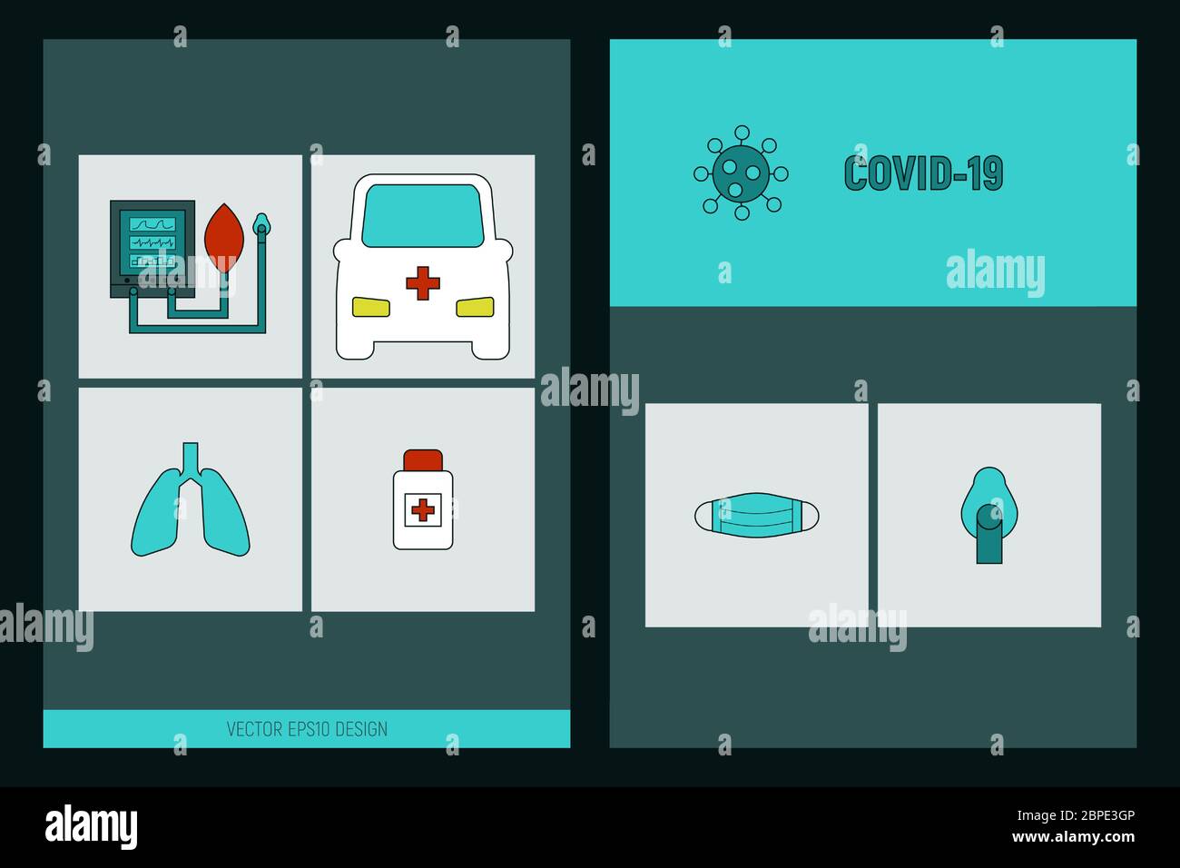 Ensemble d'icônes épidémiques COVID-19. Signes de pandémie du virus Corona, ventilation artificielle des poumons, modèle d'illustration vectorielle. Illustration de Vecteur