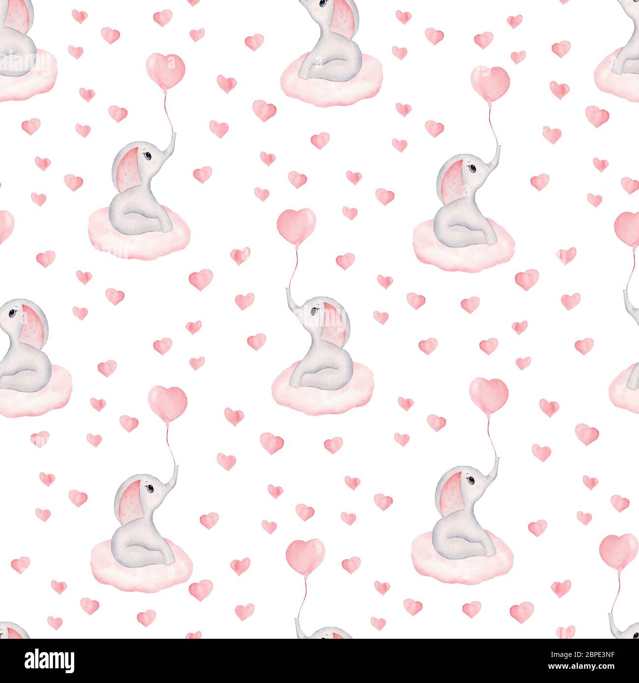 Joli bébé fille éléphant animal et coeur rose aquarelle sans couture motif. Papier numérique puériculture tendre pour textile et chambre de bébé. Banque D'Images