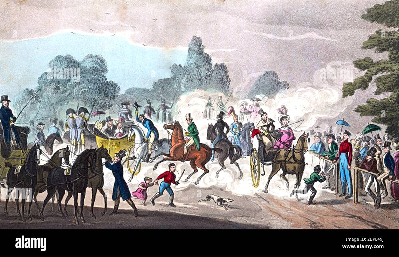 ROTTEN ROW, Hyde Park, Londres dans un dessin animé satirique de 1820. Banque D'Images