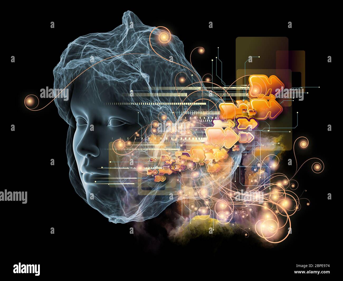Next Generation AI série. Interaction de fusion de la tête humaine et forme fractale sur l'objet de l'esprit, de la conscience et de la spiritualité Banque D'Images