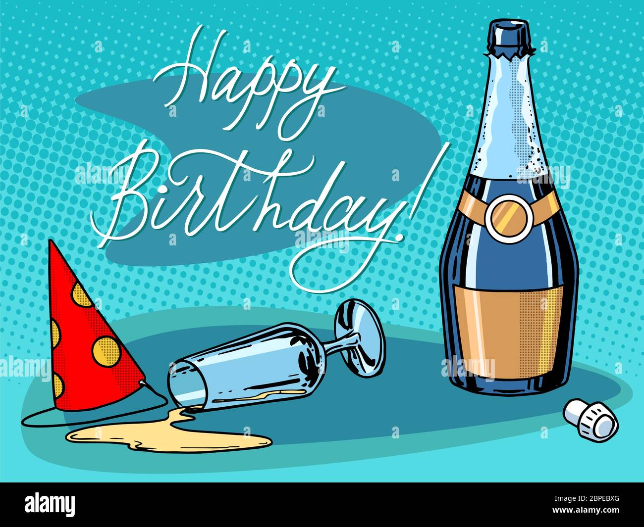Joyeux anniversaire champagne party pop art style rétro. Une bouteille d'alcool  renversé un verre de vin et un chapeau d'anniversaire Photo Stock - Alamy