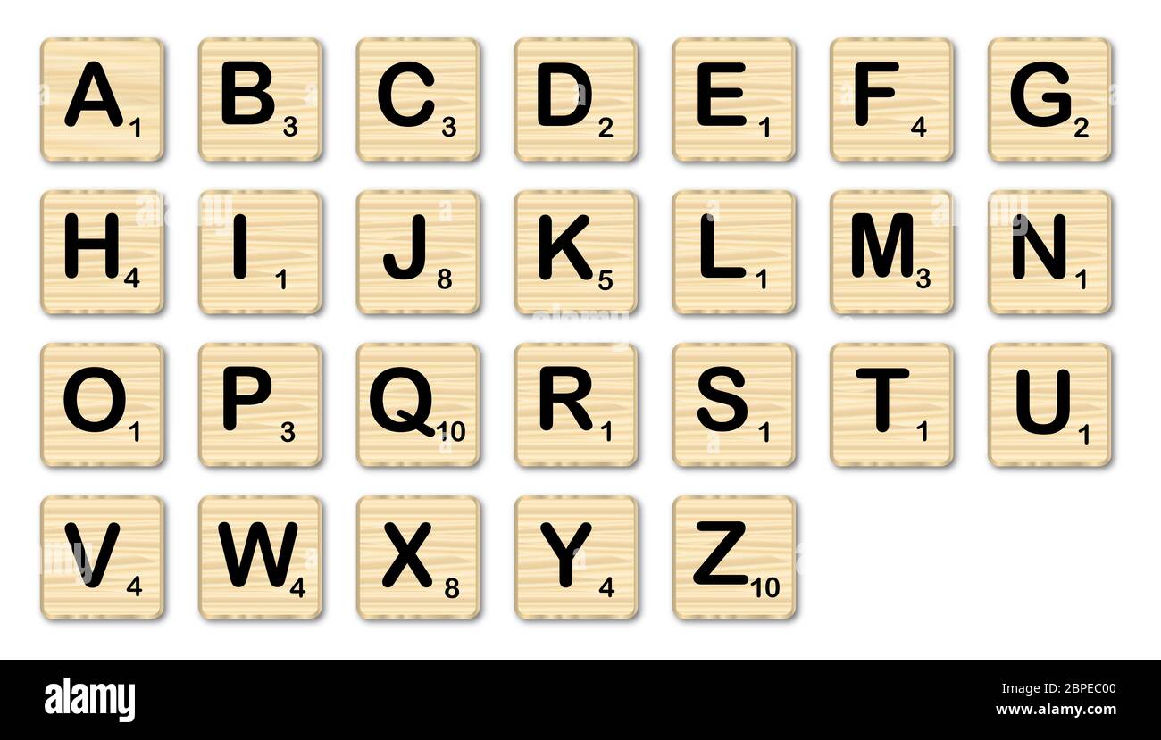 L'ensemble complet des lettres dans un jeu de scrabble Photo Stock Alamy